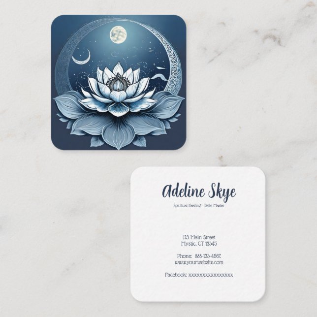 Lotus flower and moon square business card (Front/Back)