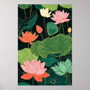 Lotus Flower Art Print Modern Linocut Botanical