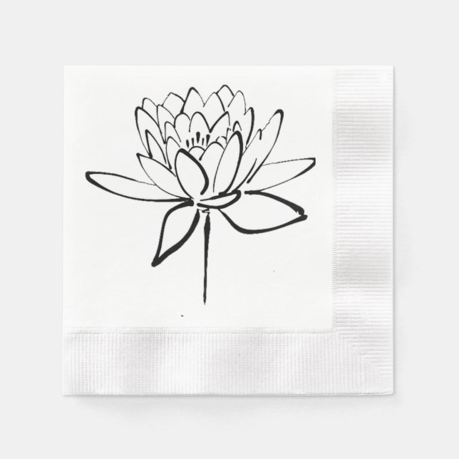 Lotus Flower Black and White Ink Drawing Art Napkin (Front)