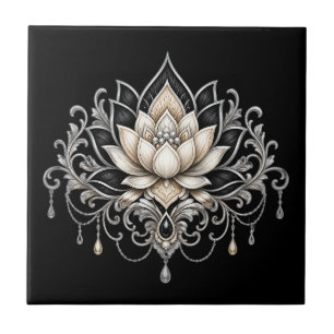Lotus flower black silver floral botanical wall tile