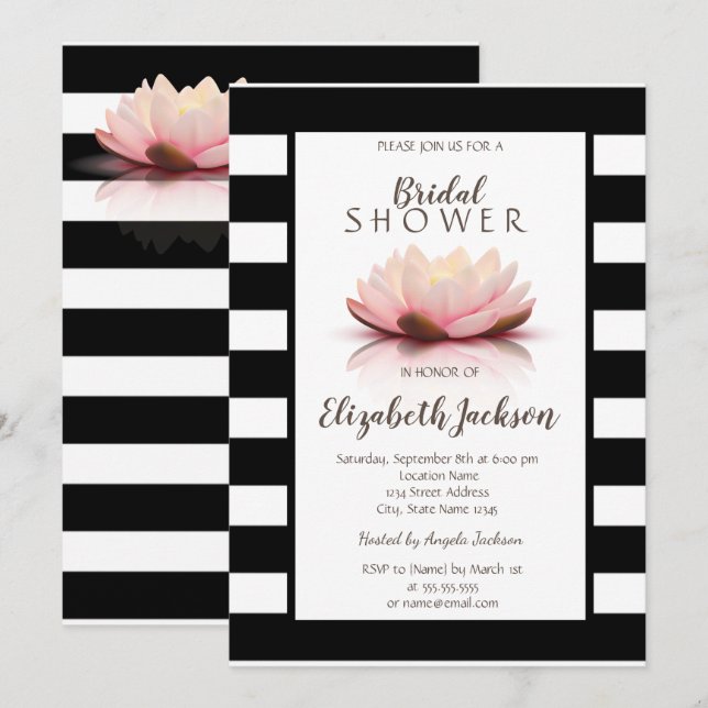 Lotus Flower Black White Stripes Bridal Shower Invitation (Front/Back)
