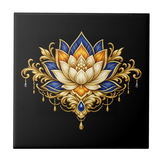 Lotus flower blue gold black floral indian wall tile (Front)