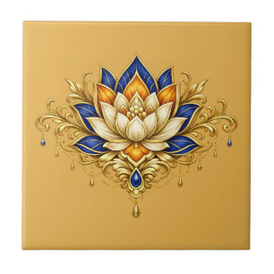 Lotus flower blue gold floral botanical wall tile