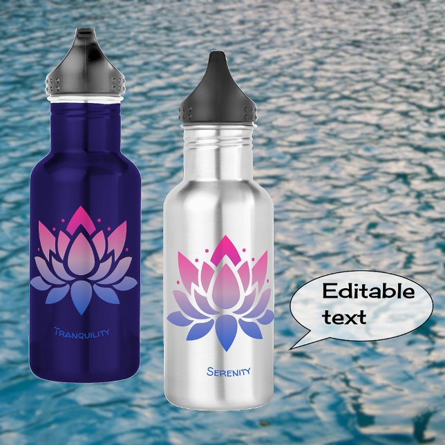 Lotus flower blue pink custom text 532 ml water bottle (Showing blue and silver 18oz bottle options)