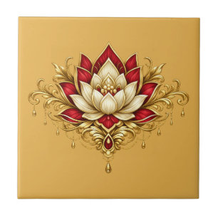 Lotus flower burgundy gold floral indian wall tile