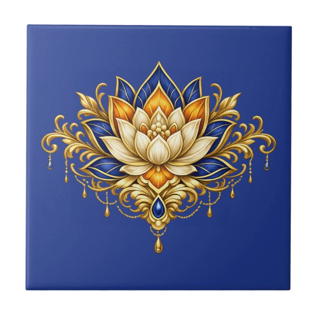 Lotus flower cobalt blue gold floral indian wall tile (Front)
