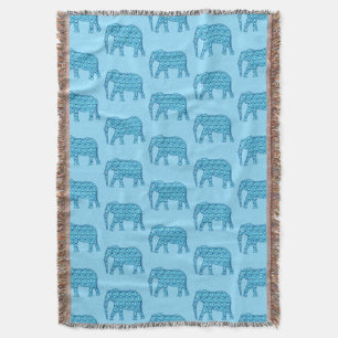 Lotus flower elephant pattern, turquoise  throw blanket