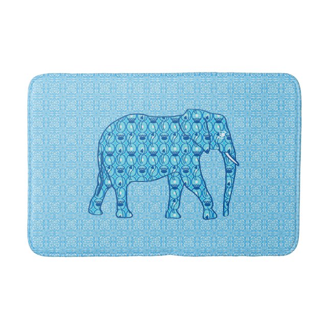Lotus Flower Elephant, Turquoise and White Bath Mat (Front)
