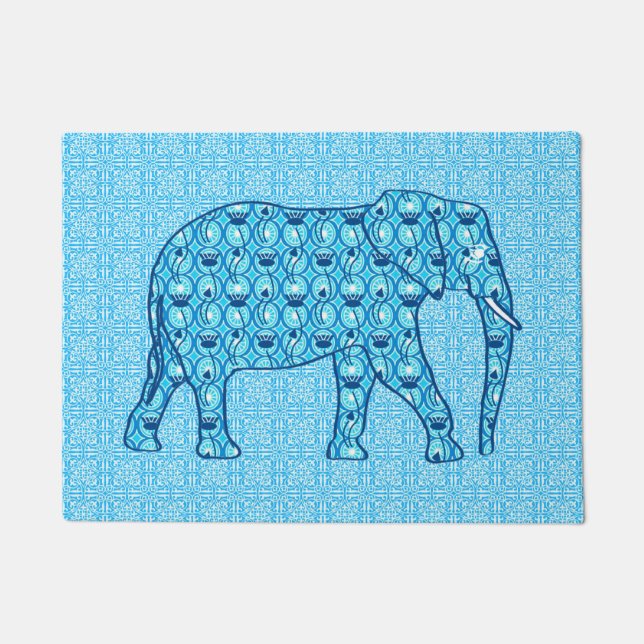 Lotus Flower Elephant, Turquoise and White Doormat (Front)