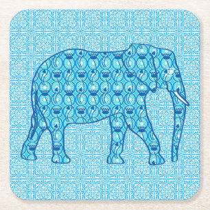 Lotus flower elephant - turquoise square paper coaster