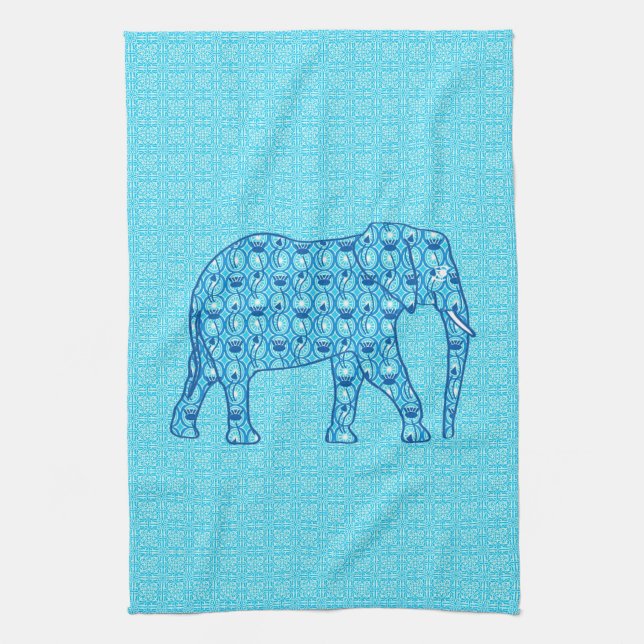 Lotus flower elephant - turquoise tea towel (Vertical)