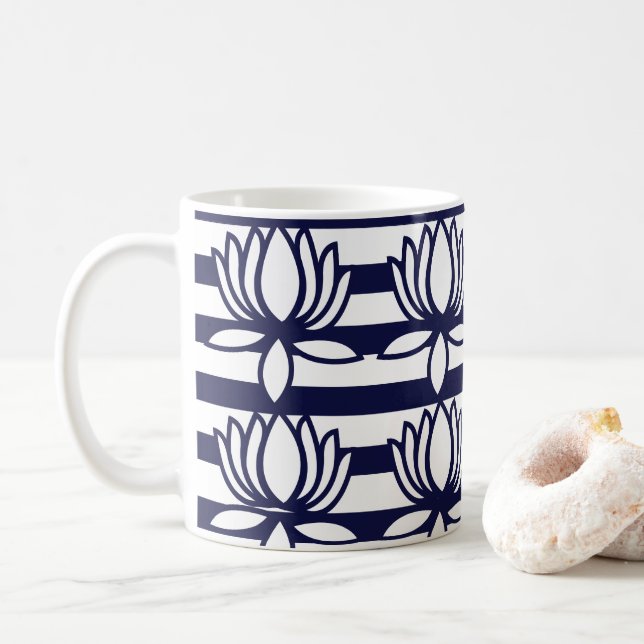 Lotus Flower Floral Stripe Pattern Coffee Mug (With Donut)