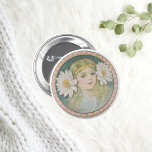 Lotus Flower Girl Portrait 6 Cm Round Badge<br><div class="desc">Vintage,  young flower girl portrait with lotus flowers by her head and face.  She's wearing a small,  yellow ribbon in her blonde hair.  She's painted with a dark teal background.  Tiny pink roses on a light green bordering frame.  Great for all aged ladies.</div>