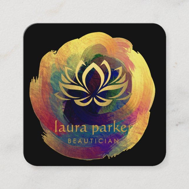 Lotus Flower Gold Art Logo Healing Yoga Holistic Square Business Card (Front)