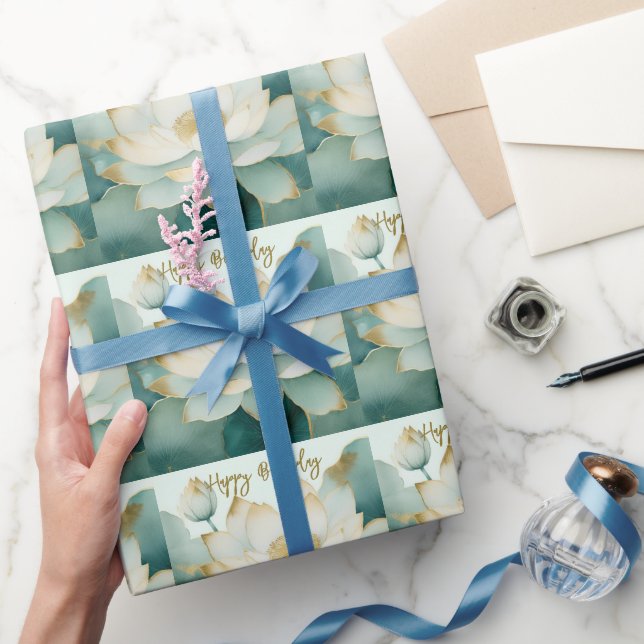  Lotus flower gold edges Happy Birthday Wrapping Paper (Gifting)