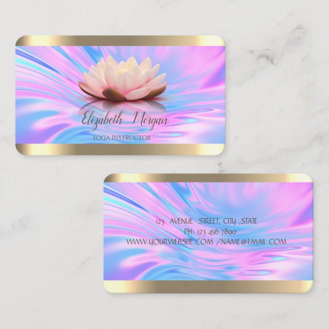 Lotus Flower Gold Stripe Holographic Yoga Business Card (Front/Back)