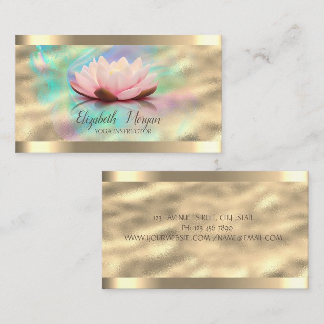 Lotus Flower Gold Stripe Rose Gold Holographic Ink Business Card (Front/Back)
