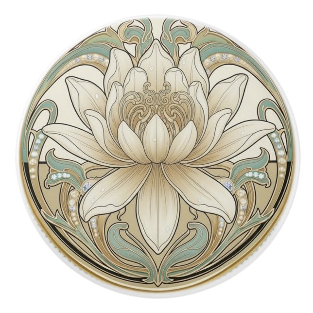 Lotus Flower Green Cream Gold Art Deco Nouveau Ceramic Knob (Front)