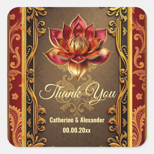 Lotus flower Hindi wedding favours burgundy gold  Square Sticker (Front)