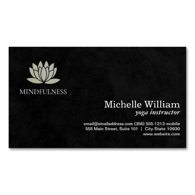 Lotus Flower Icon | Simple Sleek Black Magnetic Business Card (Front)
