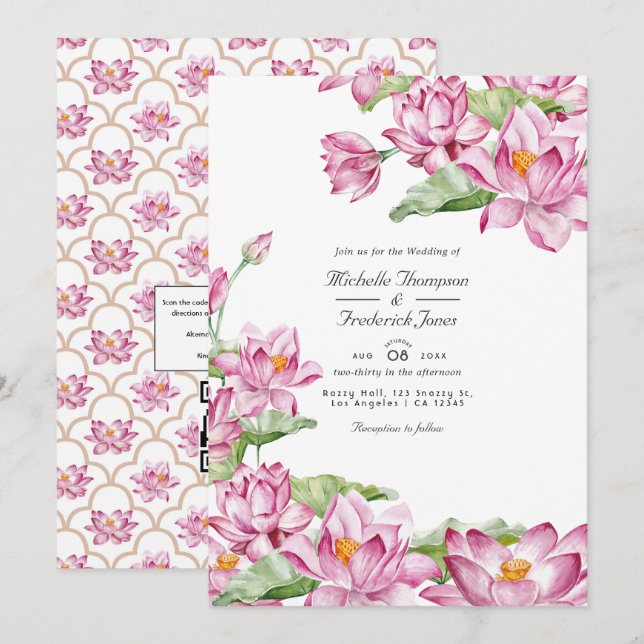 Lotus Flower Indian QR Code RSVP Wedding Invitation (Front/Back)