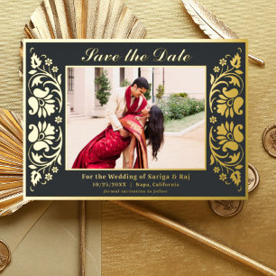 Lotus Flower Indian Save The Date with Photo Gold
