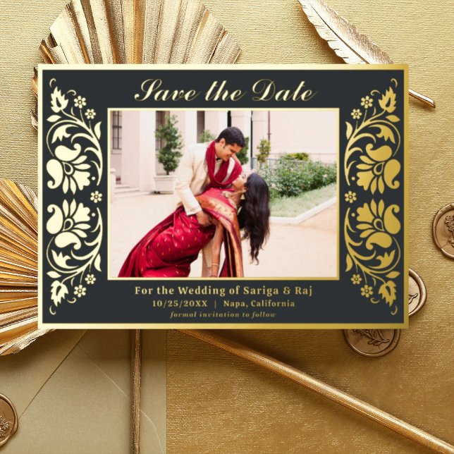 Lotus Flower Indian Save The Date with Photo Gold (Black Indian wedding save the date card with photo, hindu wedding save the date card, lotus flower)