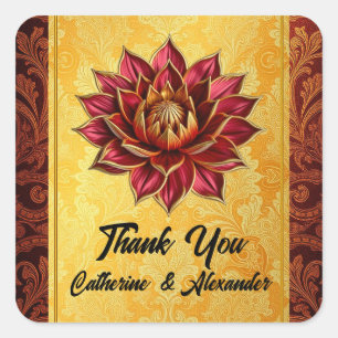 Lotus flower indian thank you burgundy gold square sticker