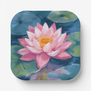 Lotus Flower Lily Pad Watercolor Paper Plate