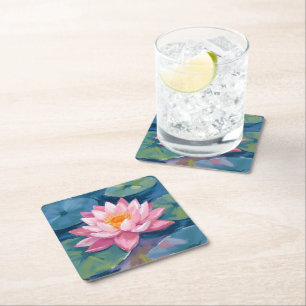 Lotus Flower Lily Pad Watercolor Square Paper Coaster