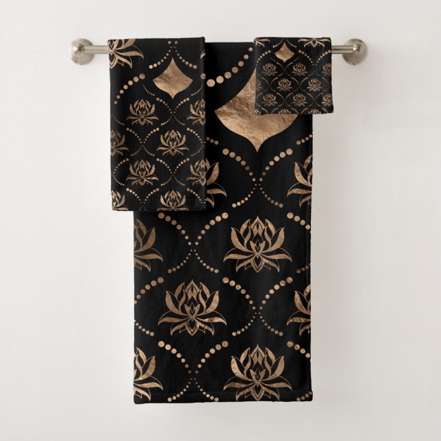 Lotus Flower Luxury ornament - black and gold Bath Towel Set (Insitu)