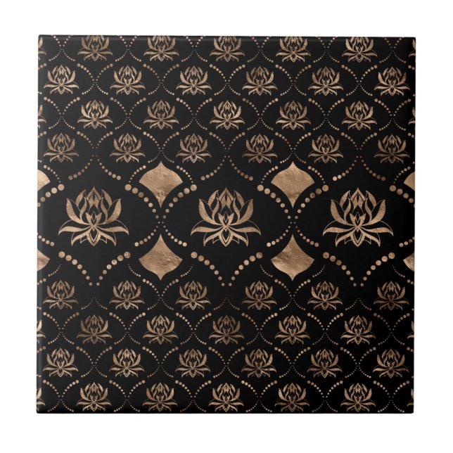 Lotus Flower Luxury ornament - black and gold Tile (Front)