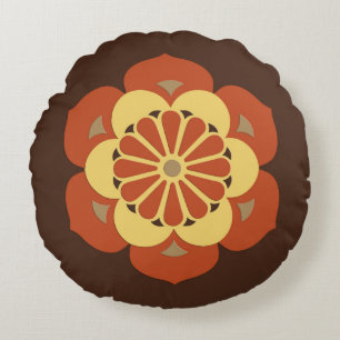 Lotus Flower Mandala, Brown, Rust and Yellow Round Cushion