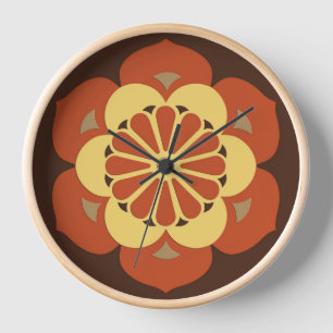 Lotus Flower Mandala, Brown, Rust and Yellow Wall Clock