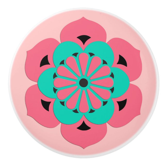 Lotus Flower Mandala, Coral Pink and Turquoise Ceramic Knob (Front)