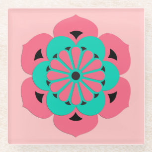 Lotus Flower Mandala, Coral Pink and Turquoise Glass Coaster