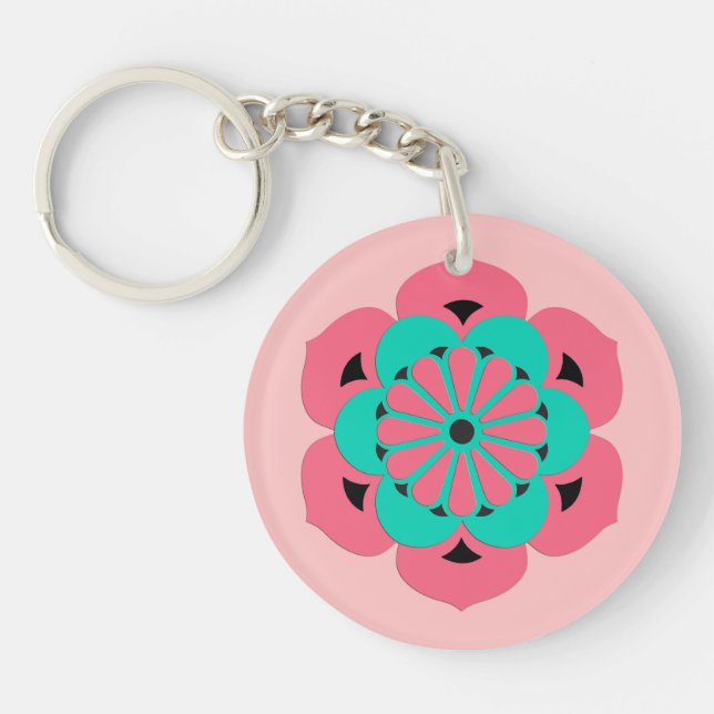 Lotus Flower Mandala, Coral Pink and Turquoise Key Ring (Front)