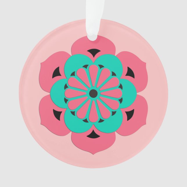 Lotus Flower Mandala, Coral Pink and Turquoise Ornament (Front)