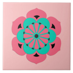 Lotus Flower Mandala, Coral Pink and Turquoise Tile
