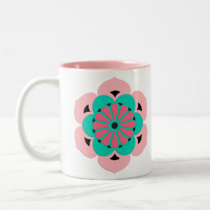 Lotus Flower Mandala, Coral Pink and Turquoise Two-Tone Coffee Mug