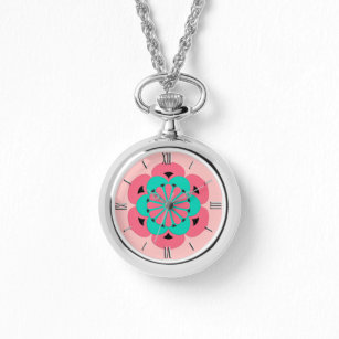 Lotus Flower Mandala, Coral Pink and Turquoise Watch