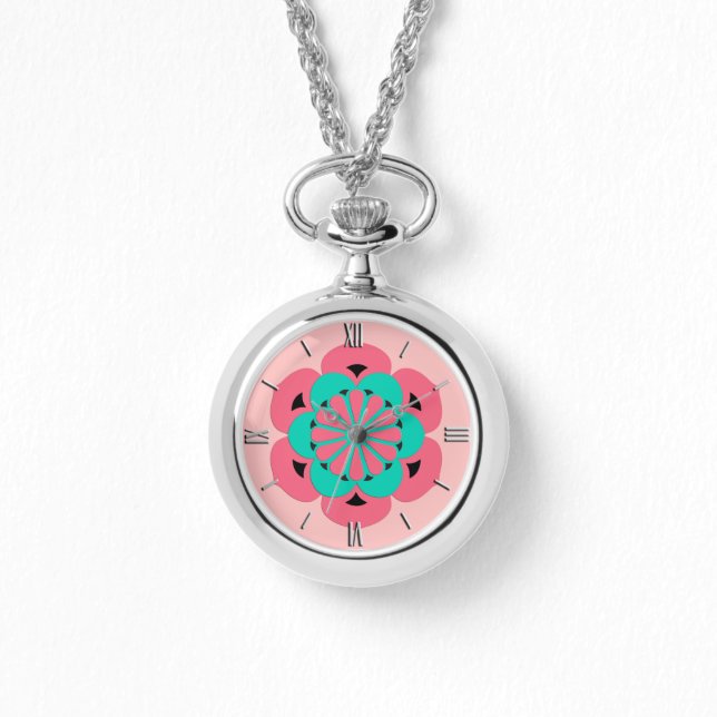 Lotus Flower Mandala, Coral Pink and Turquoise Watch (Front)