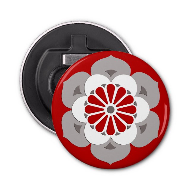 Lotus Flower Mandala, Dark Red, Grey and White Bottle Opener (Front)