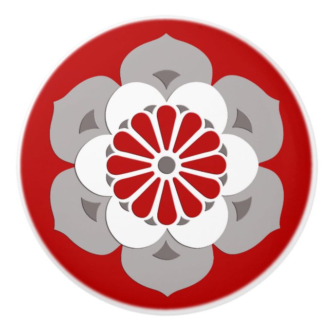 Lotus Flower Mandala, Dark Red, Grey and White Ceramic Knob (Front)
