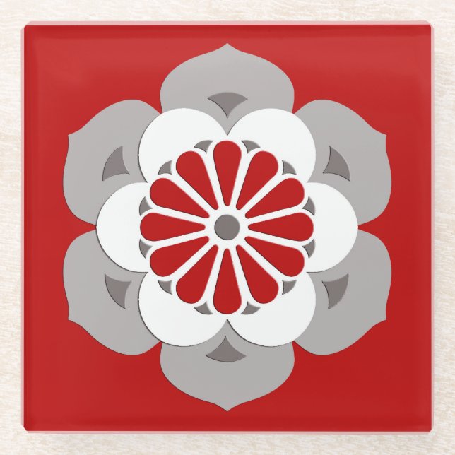 Lotus Flower Mandala, Dark Red, Grey and White Glass Coaster (Front)