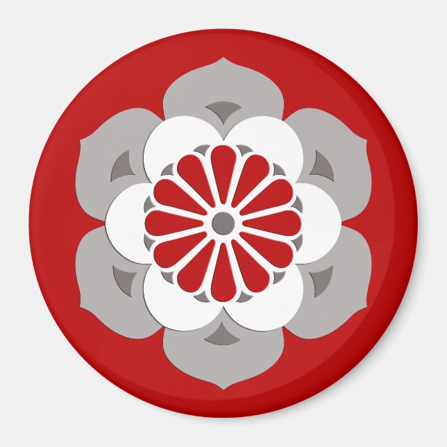 Lotus Flower Mandala, Dark Red, Grey and White Magnet (Front)