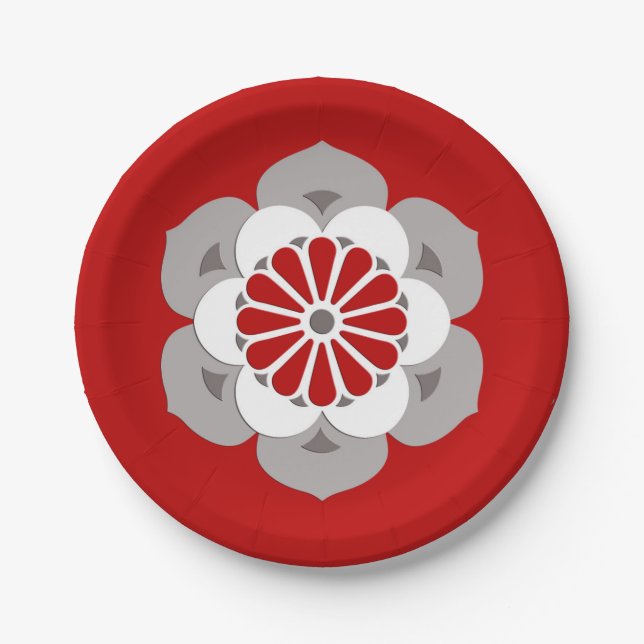 Lotus Flower Mandala, Dark Red, Grey and White Paper Plate (Front)