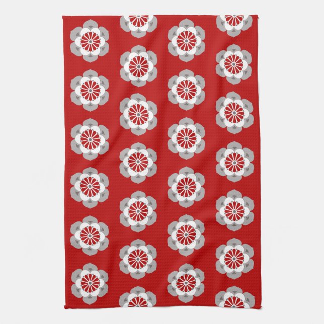 Lotus Flower Mandala, Dark Red, Grey and White  Tea Towel (Vertical)