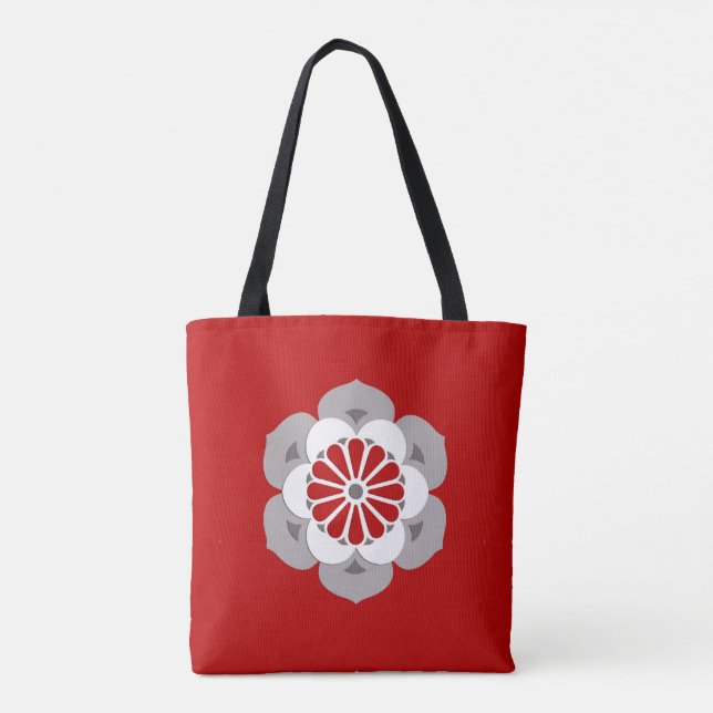 Lotus Flower Mandala, Dark Red, Grey and White Tote Bag (Back)