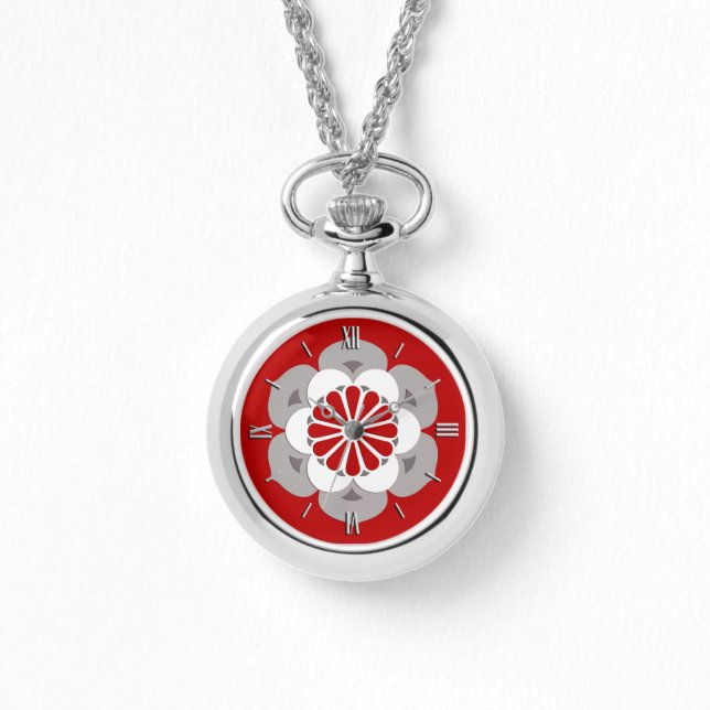 Lotus Flower Mandala, Dark Red, Grey and White Watch (Front)